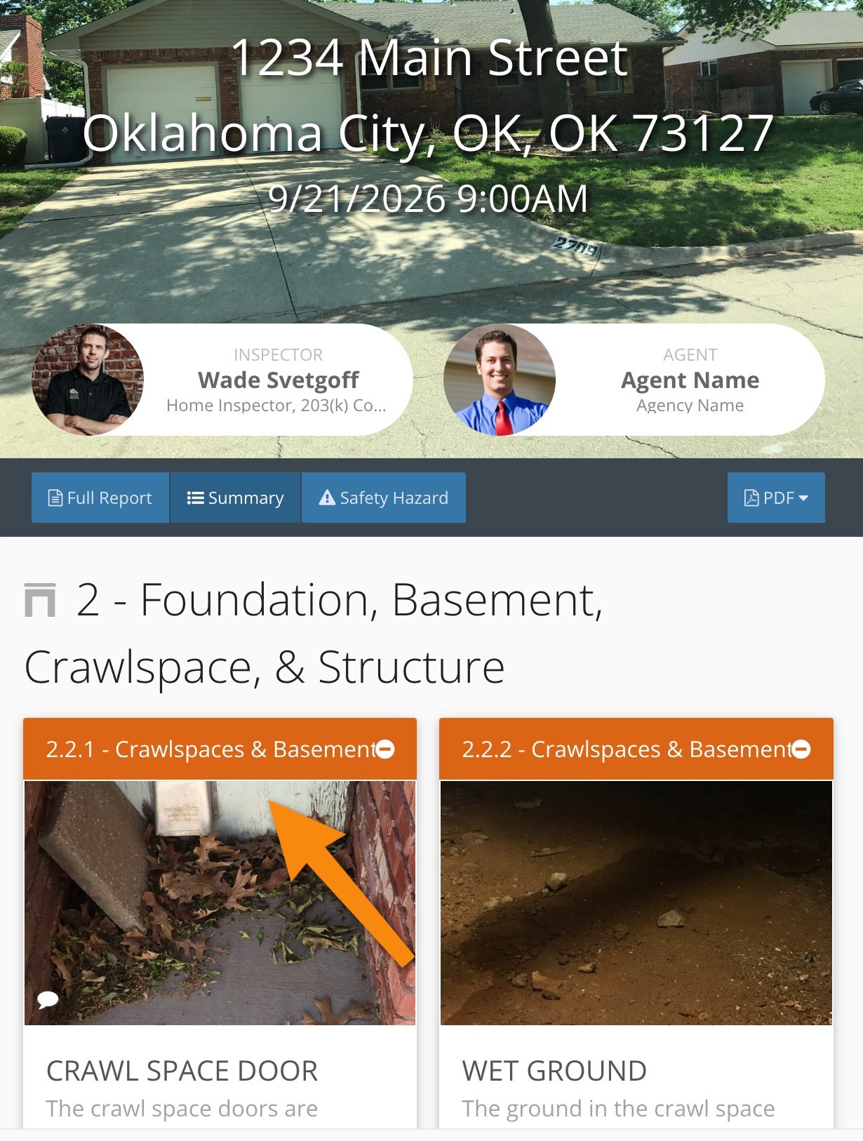 A sample Spectora inspection report on a tablet, showing the property header and two flagged crawlspace findings with photos
